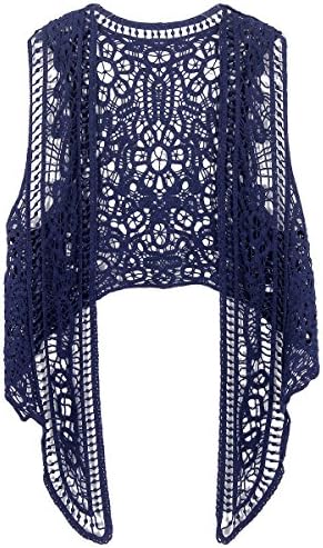 Jastie Pirate Curiosity Open Stitch Cardigan Boho Hippie Crochet Vest (Dark Blue)