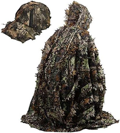 Camouflage Woodland Ghillie Suit Poncho + Camouflage Baseball Cap, Leaf Jungle Hooded Suit, Lightweight Breathable Hunting Clothing, Tactical Camouflage Hunting Cloth Wildlife Photography Cloth