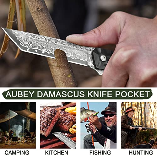 AUBEY Camping Tanto Folding Pocket Knife, EDC Damascus Blade Knives With Aluminum Alloy NonSlip