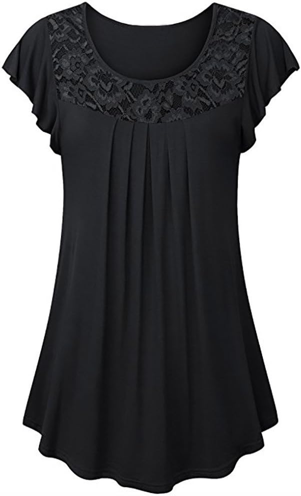TWGONE Tunics for Women to Wear with Leggings Short Sleeve Ladies Solid Lace Patchwork Ruched Blouse Tops Shirt