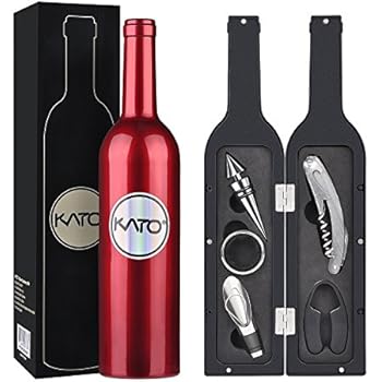 Kato 5-Piece Wine Bottle Tools Gift Set, Wine Pourer, Stopper, Foil Cutter, Drip Ring and Corkscrew Opener (Bottle Shaped Carry Case)