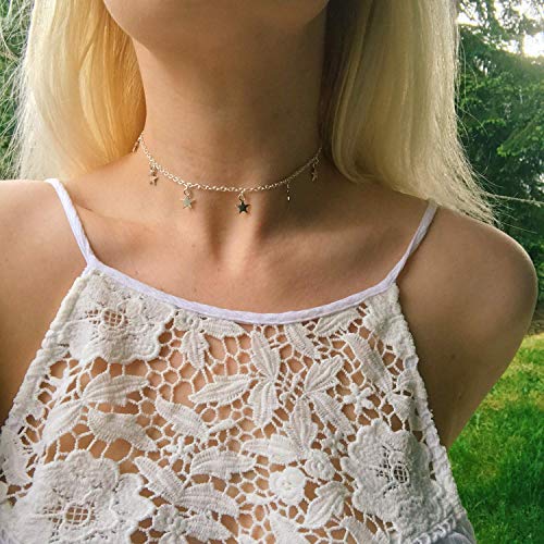 Dremcoue 12 Pcs Dainty Choker Necklace for Women Adjustable Handmade Dainty Sliver Choker Necklace Set Star Necklace