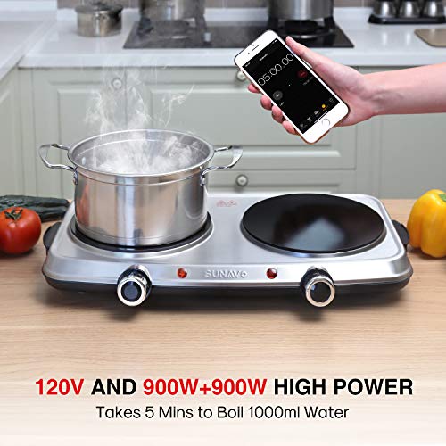 SUNAVO Electric Infrared Burner, 1800W Ceramic Glass Hot Plate, 6 Power Levels Stainless Steel Double Burner for Kitchen Camping RV and More