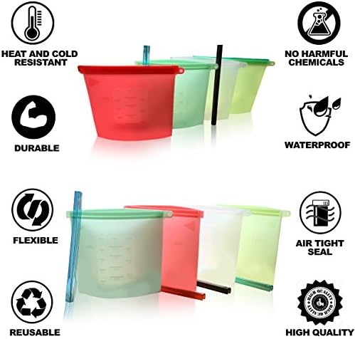 Reusable Silicone Food Storage Bags – Pack of 4 Airtight Zip Seal Eco-Friendly containers - Microwave &amp; Dishwasher Safe– Leak-Proof Food Grade Silicone Storage bags for Meat Vegetables Fruits &amp; Soups