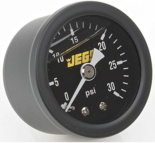 JEGS Fuel Pressure Gauge | 1.5” Diameter | Liquid Filled | 0-30 PSI | Black Dial | 1/8 “ NPT Male Fitting | Black Case & Bezel