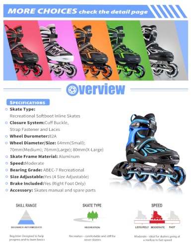 2PM Sports Adjustable Inline Skates for Girls and Boys Women Men, Sizes 30-33, 34-37, 38-41 and 42-44
