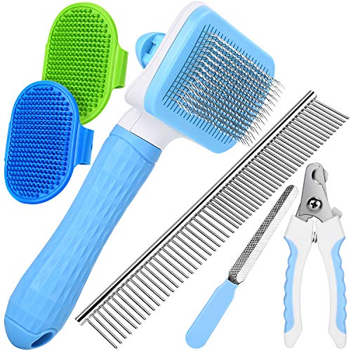 [UPGRADED] Grooming Tool Set for Cats & Dogs, Including Self-Cleaning Slicker Brush, 7.5″ Steel Comb, Nail Clippers & File, 2 Bath Brush, Great for Small & Medium Pet with All Hair Types