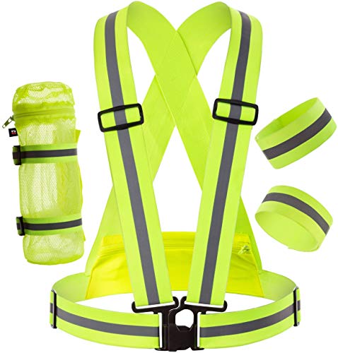 Reflective Comfortable Safety Gear for Running and Cycling with Back Pocket - Water Bottle Holder - Outdoor Reflector Arm Foot Band Set