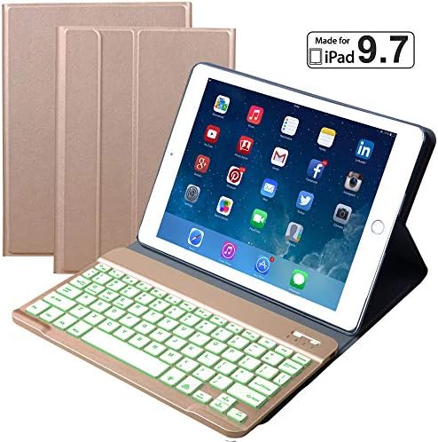 eoso Keyboard Case for iPad 9.7 2018/2017 / iPad Air 2 / iPad Air Built-in Wireless Slim Shell Magnetic PU Protective Cover with 7 Color Backlight for Men Women - Backlit Gold