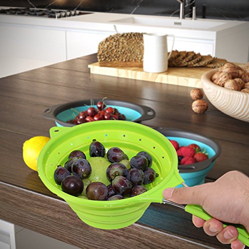 Collapsible Silicone Colander Foldable Strainer Kitchen Food Strainer with Stainless Steel Handle 100% BPA Free and Food Grade Silicone,Best for Rinsing or Draining Vegetables and Fruits-Green - Thumbnail 5