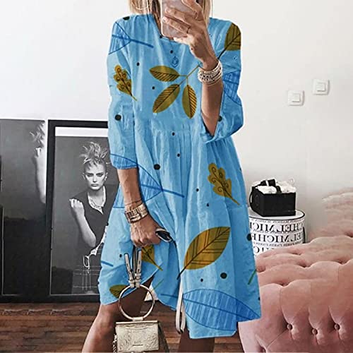 Women's Summer Casual Tunic Dress Plus Size 3/4 Sleeve Round Neck Leaf  Print Ruffle Loose Flowy Swing Mini Shift Dresses in Kenya | Whizz Dresses