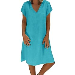 Women's Summer Cotton Linen Dress Loose V-Neck
