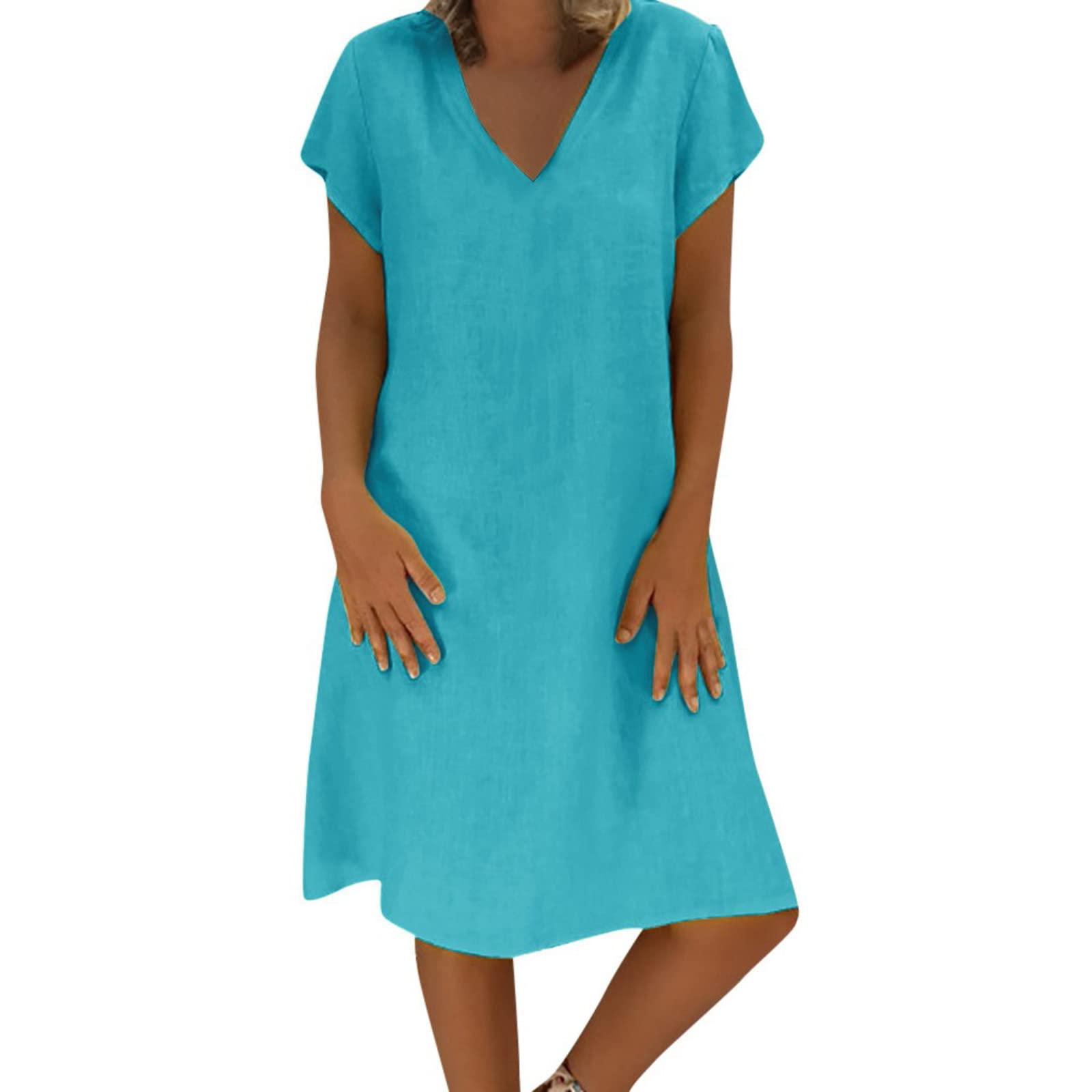 Women's Summer Cotton Linen Dress Loose V-Neck