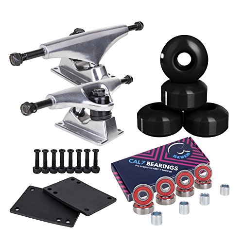 Cal 7 Skateboard Package Combo with 5 Inch / 129 Millimeter Trucks, 52mm 99A Wheels, Complete Set of Bearings and Steel Hardware (Silver Truck + Black Wheels) - Thumbnail 3