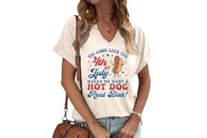 OVAZLY Patriotic Shirts for Women V Neck 4th of July America Flag Vintage Blouse Summer BBQ T-Shirt Memorial Tops Tee