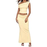 XinFSh Women's Two Piece Outfits Dressy One Shoulder Crop Top Sleeveless Maxi Skirt Sets Vacation Going Out Matching Set