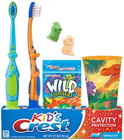 Dinosaurs Inspired Bright Smile Oral Hygiene Bundle! 3D Dino Toothbrush, Toothpaste, Brushing Timer, Floss & Mouthwash Rinse Cup! Plus a dental gift bag and toothsaver necklace