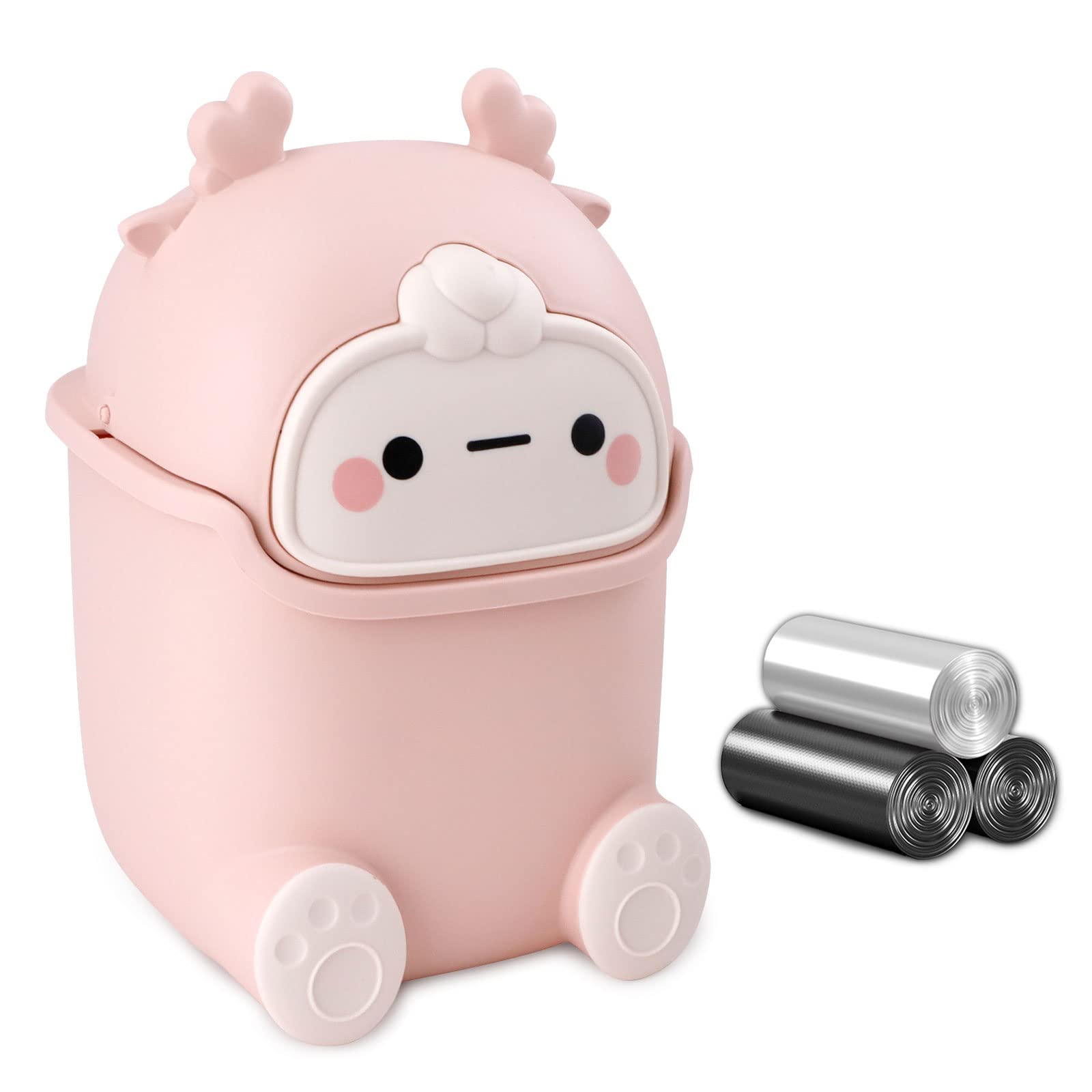 Photo 1 of QLFJ-FurDec Cute Desktop Trash Can Wastebasket with 90 Trash Bags, Creative Tiny Countertop Garbage Can with Flip Lid, Small Plastic, Pink