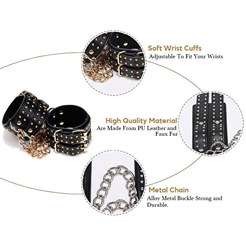 Black Furry Handcuffs Plush Faux Leather Rivets Punk Wrist Cuffs For Women Men Adult Play With Stronger Metal Clips
