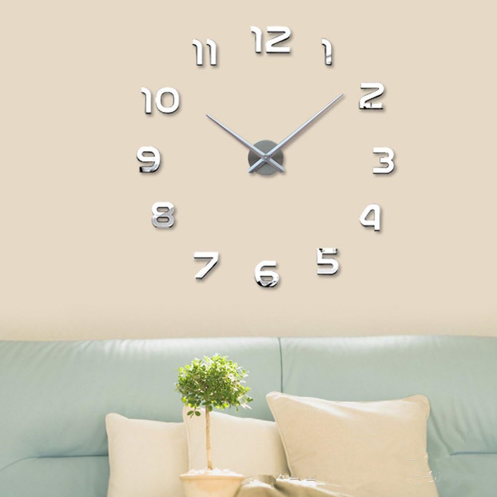 Creative Modern 3D Frameless Large Art Clock Mirror Surface DIY Wall Clock Watches Hours Wall Sticker Room Home Decorations (Sliver)