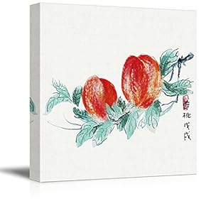 Square Watercolor Style Chinese Painting of Red Peaches