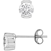 Silvershake Petite 5MM Round Shape Cubic Zirconia White Gold Plated 925 Sterling Silver Minimalist Half Bezel Set Stud Post Earrings April Gemstone Birthstone Jewelry for Women