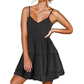 FANCYINN Women Floral Casual Tiered Mini Dresses Spaghetti Strap V Neck Backless A Line Swing Short Dress with Pockets