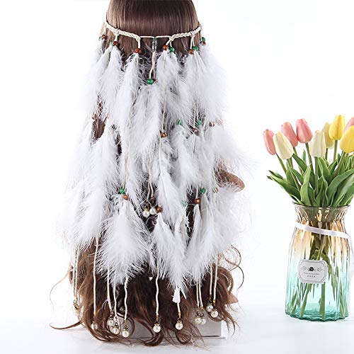 Feather Headband White Fake Pearl Hippie Indian Boho Hair Bands Tassel Bohemian Halloween Hair Hoop Women Crown Hairband Party Decoration Headdress Cosplay Costume Headwear Headpiece Hair Accessories