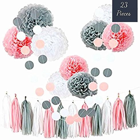 Party Decorations Set - Pink, White &amp; Grey Tissue Pompoms Paper Tassel Garland and Balloons Birthday Decoration Kit - Easy Assembly Decorations Set for Wedding, Bachelorette, Birthday or Engagement