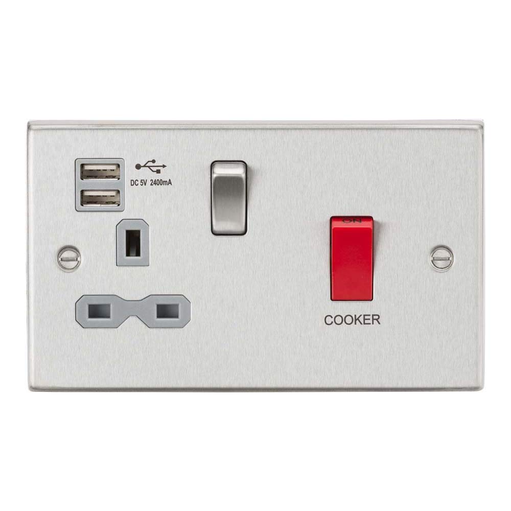 Knightsbridge CS8333UBCG DP Switch & Switched Socket with 2.4 A Dual USB Charger, Brushed Chrome with Grey Insert, 45 A/13 A