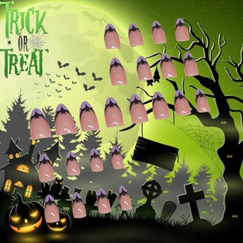 Halloween Bat Press on Nails for DIY Manicure Glossy Purple French Tips 24Pcs Acrylic Medium Almond False Nails Gel Glue on Nails Evil Bats Fake Nails Stick on Nails for Women Girls French Tips Design - Image 5