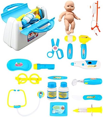 20 Pcs Deluxe Doctor Kit, Dentist Medicine Box Playset with 5 Electronic Ligh Up Medical Equipment Tools, Kids Simulation Pretend Stethoscope Thermometer Syringe, Blue