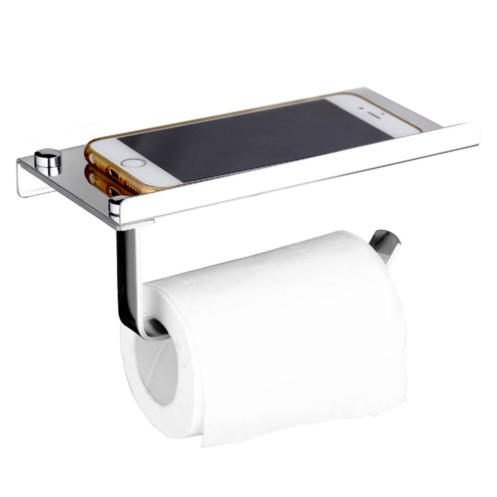 Toilet Paper Roll Holder Stainless Steel Wall Mounted Bathroom Tissue Storage with Phone Holder Shelf Stand