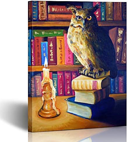 Armko Canvas Wall Art Prints Librarian Owl Old Library Art Literature in Work Wildlife Oil Retro 12 x 12 Inches Wooden Framed Painting Home Decor Bedroom Office
