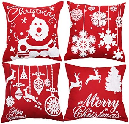 Sykting Christmas Pillow Covers Embroidery Santa Claus Snowflakes Reindeer Christmas Tree Decorative Pillow Covers for Sofa Couch Bed Red and White 18x18 inch Set of 4