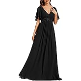 Ever-Pretty Women's Spring Short Sleeve Bridesmaid Dresses V-Neck Chiffon Ruched Empire Waist Appliques Long Formal Dress