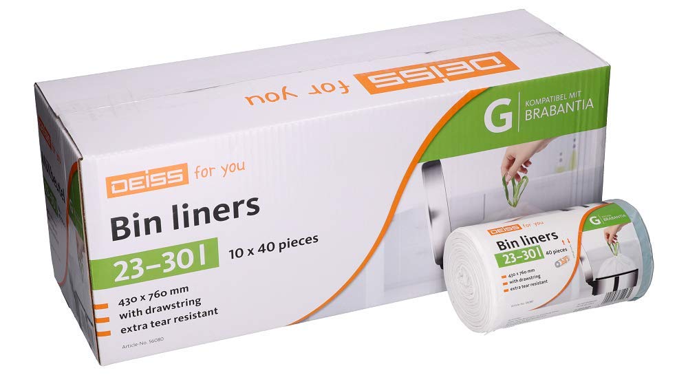 DEISS Bin Liners 23-30 Litre for Brabantia Touch Bin (Size G), Pack of 400, White, 1 count (Pack of 400) - Image 4