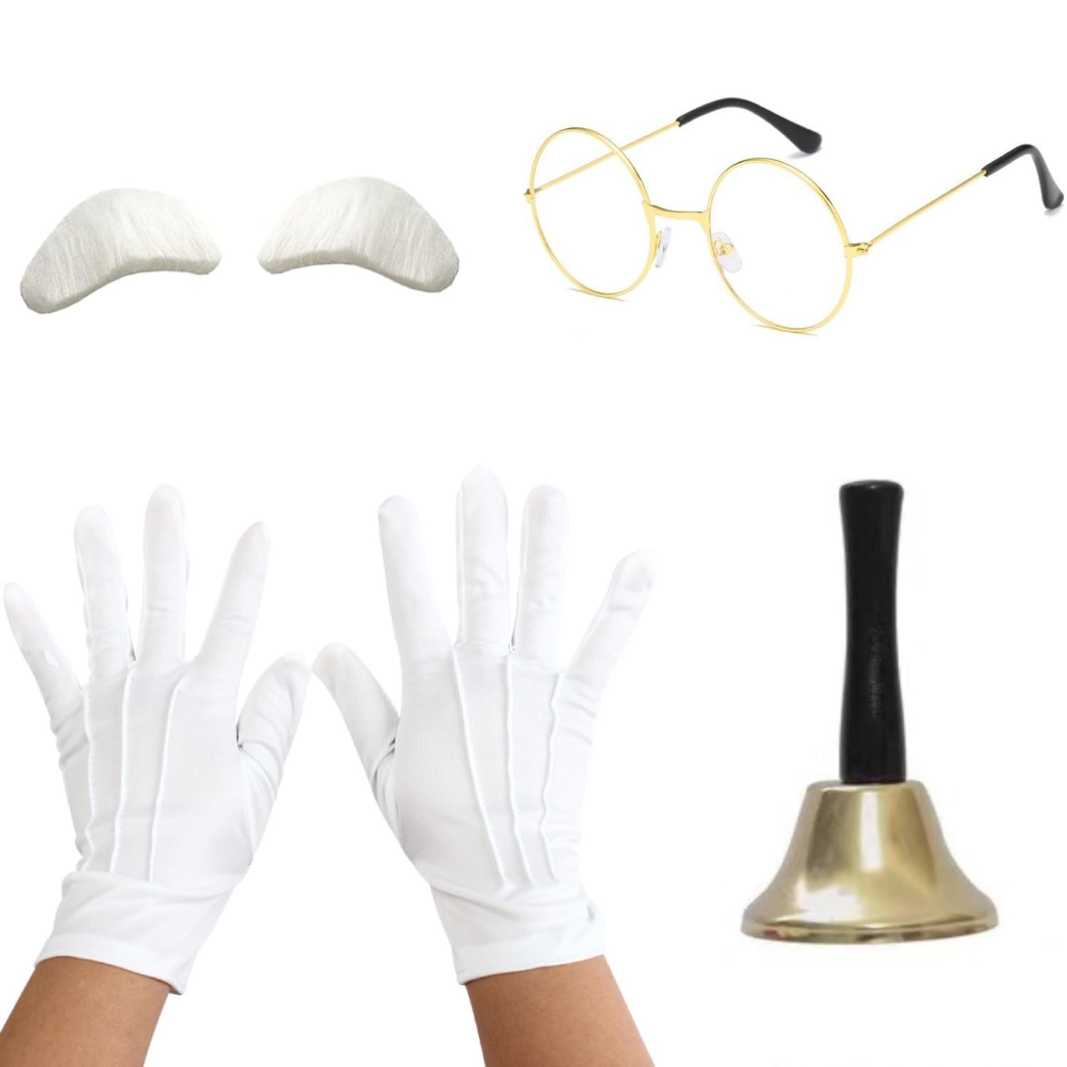 Lezevn 4 Pieces Santa Claus Costume Set White Eyebrow Gold Round Glasses Bell Christmas Fancy Dress Xmas Cosplay Outfit