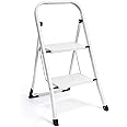 Delxo Portable Collapsible Lightweight Alloy Steel Two Step Stool Stepladder with Wide Pedestal, Hand Grip and Locking Mechanism, White
