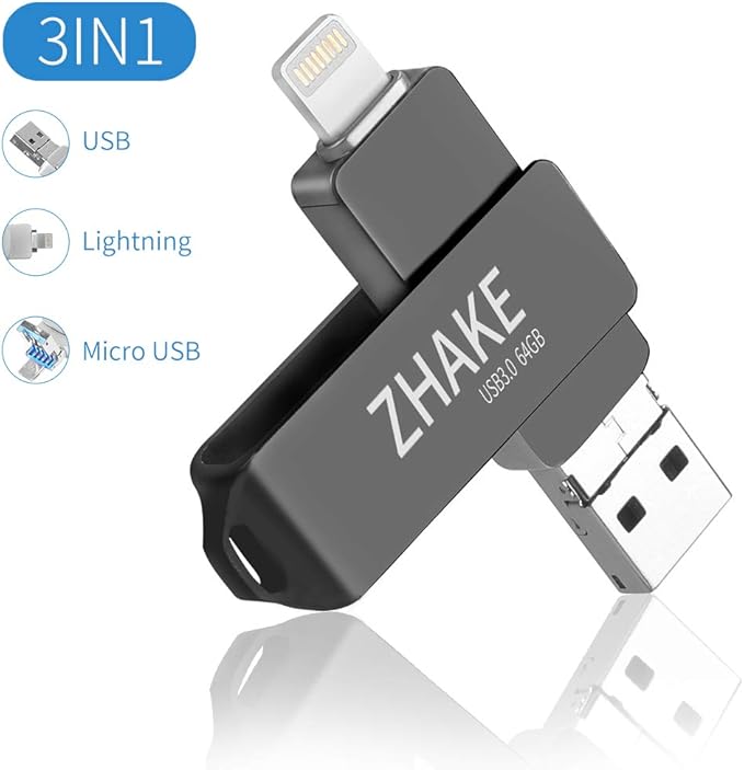 Memory Stick for iPhone iPad 64GB 3.0 USB Stick Flash drive with 3 Ports, External Storage for
