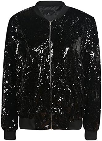 Richlulu Womens Sparkle Mermaid Sequin Threaded Sleeve Bomber Jacket (X-Large, Black)