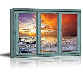 Waves Crash Over Volcano Rocks While a Beautiful Sunset Paints The Clouds Bright Orange - Canvas Art Home Art - 24x36inches