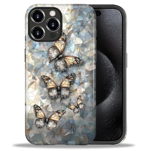 Case for iPhone 16 Pro,Durable Drop Protection Shockproof Silicone + Hard PC 2 in 1 Hybrid Protective Cover with Stylish Pattern Design Stained Glass Butterflies at Amazon