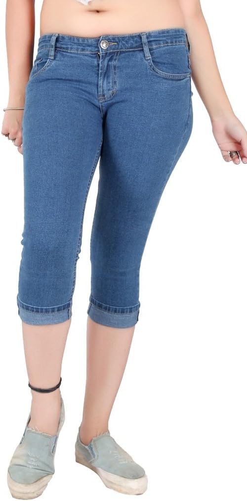Obeo Cotton Stretchable Denim Material Mid Rise Slim Fit Capree for Women