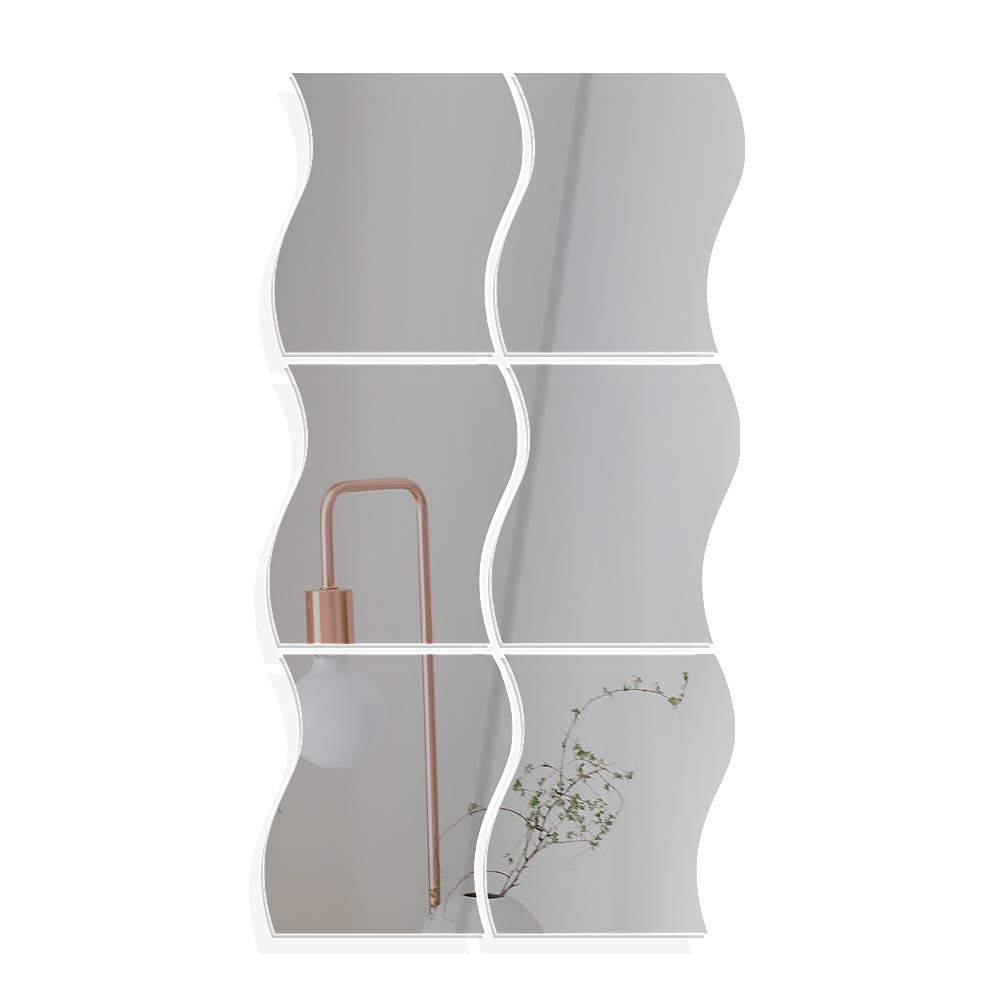 VINFUTUR 6 Pieces Silver Wave Mirror Self Adhesive DIY Mirror Style for Decoration Office Home Bedroom - 14x19cm