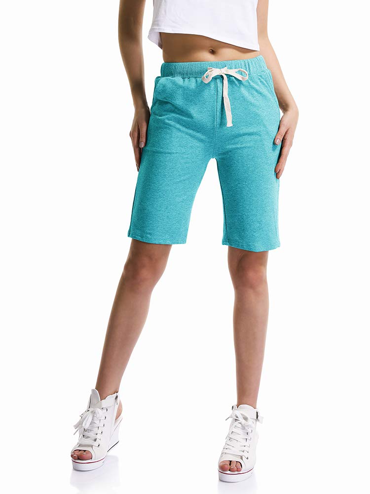 OCHENTA Women's Soft Knit Elastic Waist Jersey Shorts with Drawstring Lake Green UK 8 - Tag XL