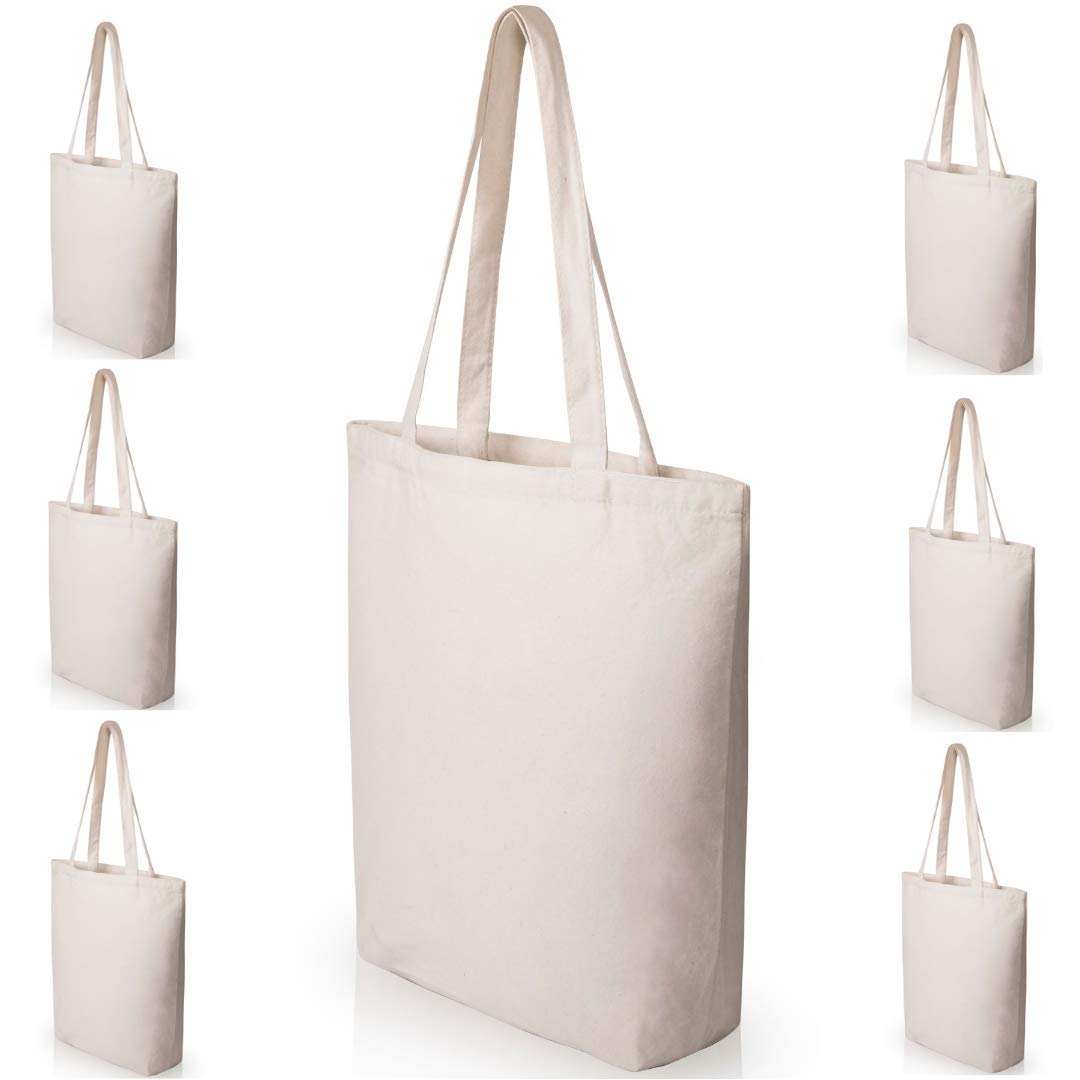 Heavy Duty and Strong Large Natural Canvas Tote Bags with Bottom Gusset (6 Pack + other sizes) for Crafts, Shopping, Groceries, Books, Welcome Bag, Diaper Bag, Beach, and Much More! -6 Pack- (15x14x4)