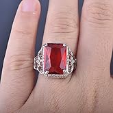Sdouefos Vintage Emerald Cut Created Red Ruby Sterling Silver Promise Wedding Engagement Ring for Women(10)