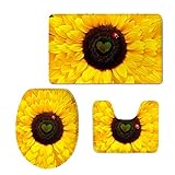 HUGS IDEA Sunflower Pattern 3 Piece Non-Slip Bathroom Rug Set Bath Mat + Contour Rug + Toilet Lid Cover