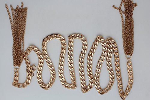 TFJ Women Fashion Belt Skinny Metal Chain Fringes Wrap Around S M Gold